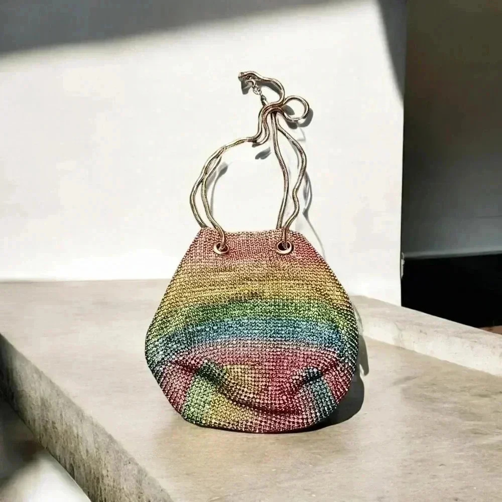 Rainbow Knit Drawstring Shoulder Bag - Multicolor